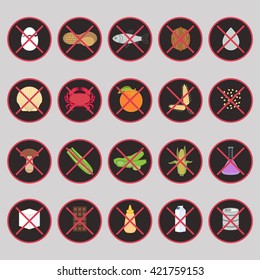 Vector set of warning labels for food allergens (gluten, lactose, etc.) and GMO. Food intolerance symbols. Prohibition signs for menu, flyer, poster with food allergy