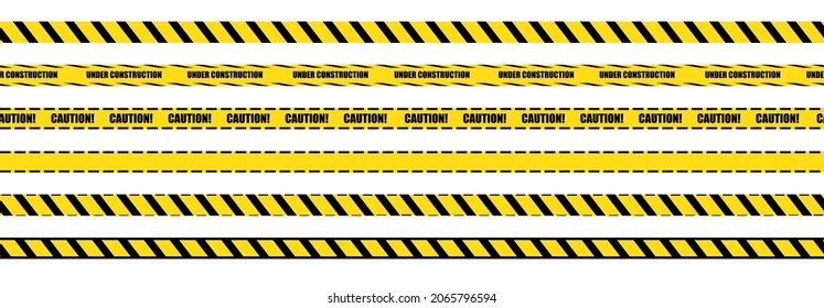 Vector Set of Warning Tapes, Seamless Stripes, Black and Yellow Bright Lines, Borders Isolated on White Background.