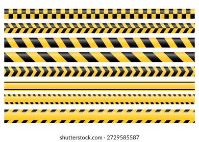 Un conjunto de Vectores de cintas de advertencia y señales. Líneas de advertencia Abstractas y señales para sitios de construcción, policía y accidentes de tránsito. Elementos de la colección de cinta de advertencia para su diseño.