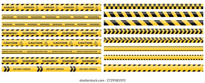 Un conjunto de Vectores de cintas de advertencia y señales. Líneas de advertencia Abstractas y señales para sitios de construcción, policía y accidentes de tránsito. Elementos de la colección de cinta de advertencia para su diseño.