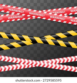 Un conjunto de Vectores de cintas de advertencia y señales. Líneas de advertencia Abstractas y señales para sitios de construcción, policía y accidentes de tránsito. Elementos de la colección de cinta de advertencia para su diseño.