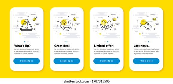Vector set of Warning, World travel and Hold box line icons set. UI phone app screens with line icons. Helicopter icon. Important message, Map pointer, Delivery parcel. Copter. Vector