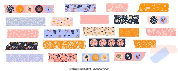 Vector set of Washi tapes with berries,  leaves, flowers and dots. Masking tape or  adhesive strips for frames, scrapbooking, borders, web graphics, crafts, stickers.