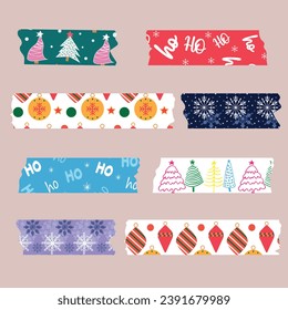 Conjunto de vectores de cintas de Washington al estilo navideño. Cinta de enmascaramiento o cintas adhesivas para marcos, scrapbooking, bordes, gráficos web, artesanías. Vector.