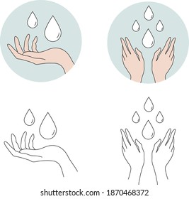 Vector set of washing hands with water illustration, colorful and linear icons. Flat medical care hygiene personal skin cleaning procedure concept. Hands with water drops