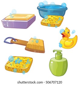 vector set. washing. Soap, washcloth, sponge, basin of water, foam, soap bubbles, brush, duck bathing.body wash, face wash, wash the baby, cleaning kit