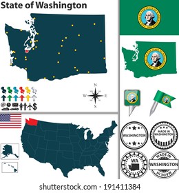 Vector set of Washington state with flag and icons on white background