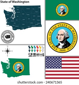 Vector set of Washington state with flag and icons on white background