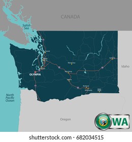 Vector set of Washington state with roads map, cities and neighboring states