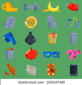 Vector set of waste garbage icons for recycling container reuse separation household waste garbage household waste garbage icons garbage broken trash rubbish recycling ecology environment