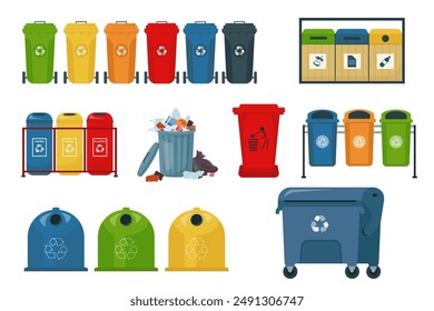 Vector set of waste sorting and recycling ecology concept. Colorful garbage bin. Trash can waste basket. Isolated buckets for sorting recyclable litter. Containers for glass organic and paper garbage