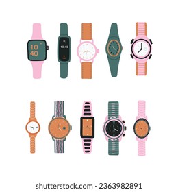 Vector Set watches. Watches collection isolated on white background. Bright hours. Vector illustration