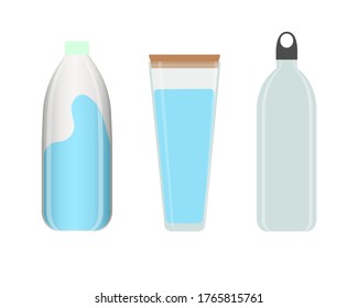 Vector set water bottle. Plastic, glass and aluminium bottle. More water, more drink. Isolated various illustrated.