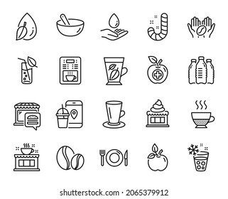 Vektorset für Wasserpflege, Kaffeemaschine und Medizinische Food-Line-Symbole. Süßigkeiten, Wasserglas und Essenssymbole. Kaffeemaschine, Eisproduzent und Teacup Schilder. Eis, Kochmischung und Minzblätter. Doppio. Vektorgrafik