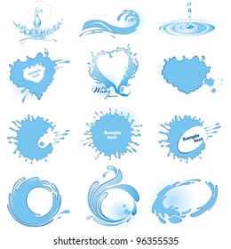 Vector Set of water design elements. Icons, frames, splashes and blots.