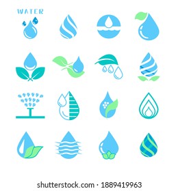 Vector set of water drop icons on leaves, watering, irrigation, on a white background.