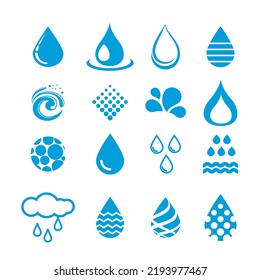 Conjunto vectorial de íconos de gota de agua, riego, sobre un fondo blanco.
