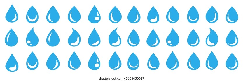 Vector set of water drop icons, including dripped raindrops, droplets, oil drops, and tear silhouettes. Simple outline style pictograms perfect for weather, nature, or liquid-related design concepts