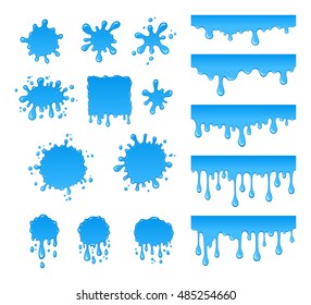 Vector set of water drops and blots. Collection of blue drops liquid and spray. Abstract vector shapes isolated on white background.