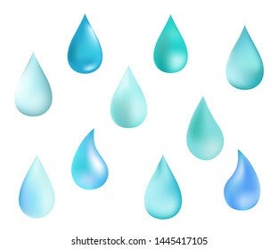vector set of water drops of blue shades on a white background