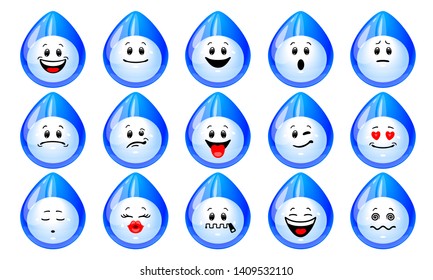 Vector set of water drops. Collection of blue drops with different emotions in cartoon style
