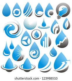 Vector set of water drops icons, signs, symbols and design elements. Abstract collection of graphics and logo ideas.