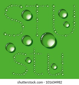 Vector set of water drops letters on green background