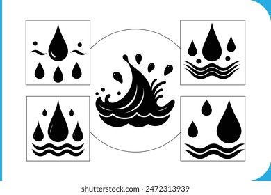 Vektorgrafik Set von Wassertropfen und Meereswellen Schablonen. Enthält Flüssigkeits-Elemente und Tröpfchen-Symbole. Perfekt, um Ihren Entwürfen einen Hauch von Kreativität zu verleihen.
