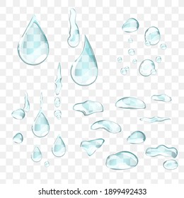 Vector set of water drops on a transparent background. A realistic image of the droplets.