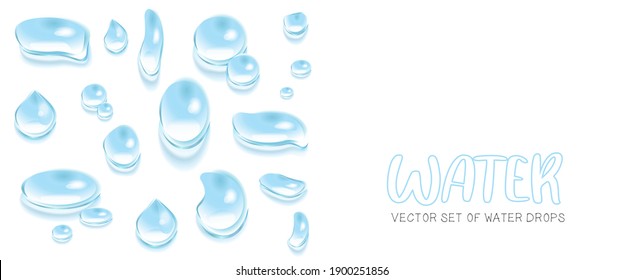 El conjunto vectorial de agua cae sobre un fondo blanco. Una imagen realista de las gotas.