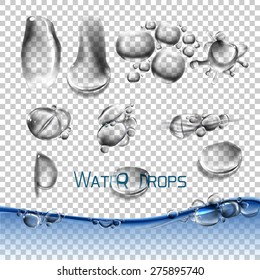 Vector set water drops, transparent, suitable for any background set with shadow and without different species, an example of using. 