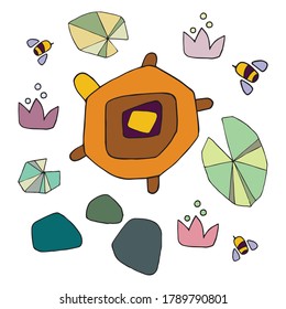 Vector set of water lily flower, turtle, stones and bees isolated on white background. Flat style.