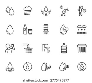 Vector set of water line icons. Contains icons drop, drinking water, thirst, rain, cold and hot water, shower, water filter and more. Pixel perfect.