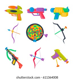 Vector set of water pistol, bow, crossbow, darts for summer children hobbies. Kids sport and game icon.