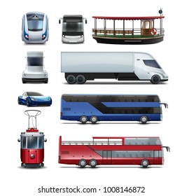 Vector set of water, rail, underground, and electric roadster semi public transports. Isolated on white background