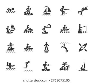 Vector set of water sports flat icons. Contains icons swimming, diving, surfing, wakeboarding, sailing, windsurfing, kayaking, jet skiing, triathlon and more. Pixel perfect.