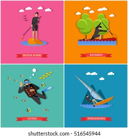 Vector set of water sports. Scuba diving, stand up paddle, kayaking and windsurfing. Summer activities, active lifestyle. Flat design