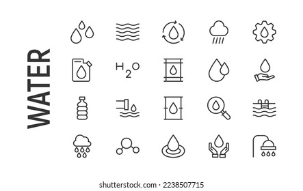 Vector set of water thin line icons. Design of 20 stroke pictograms. Signs of water isolated on a white background.