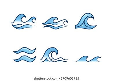 Conjunto de Vector de ilustraciones de ondas de agua Diseños de iconos de mar y océano