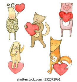 Vector set of watercolor animals with hearts. St. Valentine's day kit.