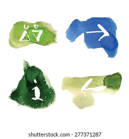 Vector set of watercolor arrows and info and toilets icons  isolated on white background in eps10