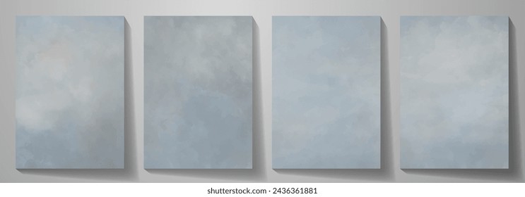 Vector set watercolor art background with sky and clouds. Old paper. Aged vintage watercolor texture for cover design, cards or banner.  Grey abstract template for design.