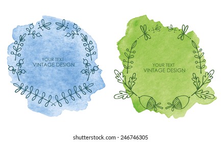 Vector set:  watercolor background with hand drawn floral wreath. 