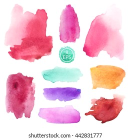 Vector. Set of watercolor blots isolated on white background. Colorful hand drawn watercolor blots for your design.