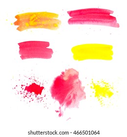 Vector set of watercolor blots. Blots are isolated of white background. Hand painting watercolor elements. Red, orange and yellow.