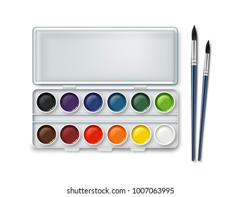 Vector set of watercolor in case with two paintbrushes. Isolated on white background