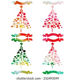 vector set of watercolor Christmas trees with ribbons