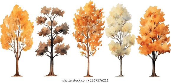 VECTOR, set of watercolor clip art, autumn trees isolated on a white background