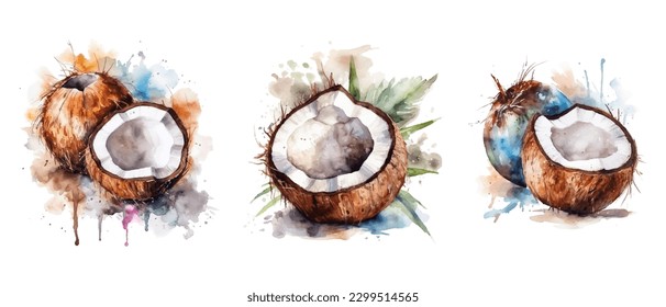 Vector set watercolor coconut isolated on a white background. Fresh coco fruit tropical