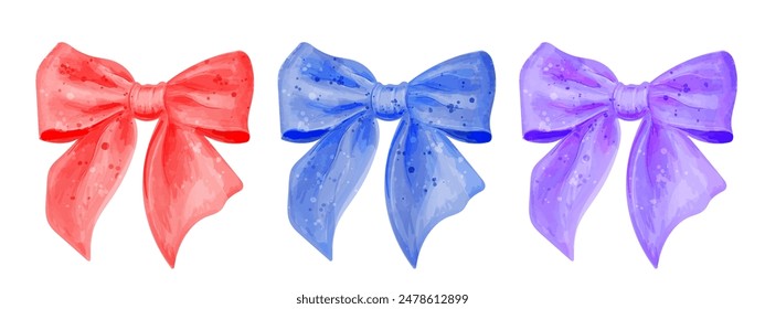 Vector set of watercolor colorful girly tied bows isolated on white. Illustrations of cute hair ribbons.